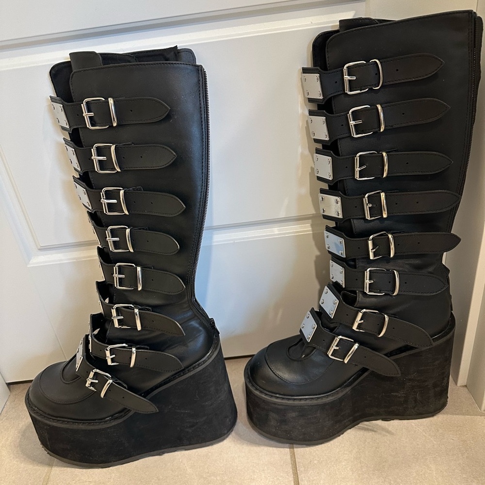 Demonia “Swing-815” Black Platform Buckle Boots